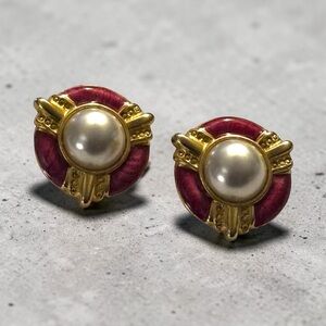 Gold-Tone Faux Pearl & Ruby Red Enamel Button Earrings